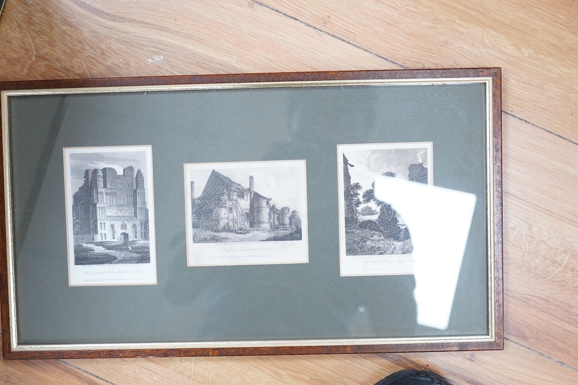 A collection of maps and engravings relating to Kent to include after William Kip, antique hand coloured map of Kent, after J Cary, another map published 1787, maps of Canterbury and various engravings of Canterbury Cast